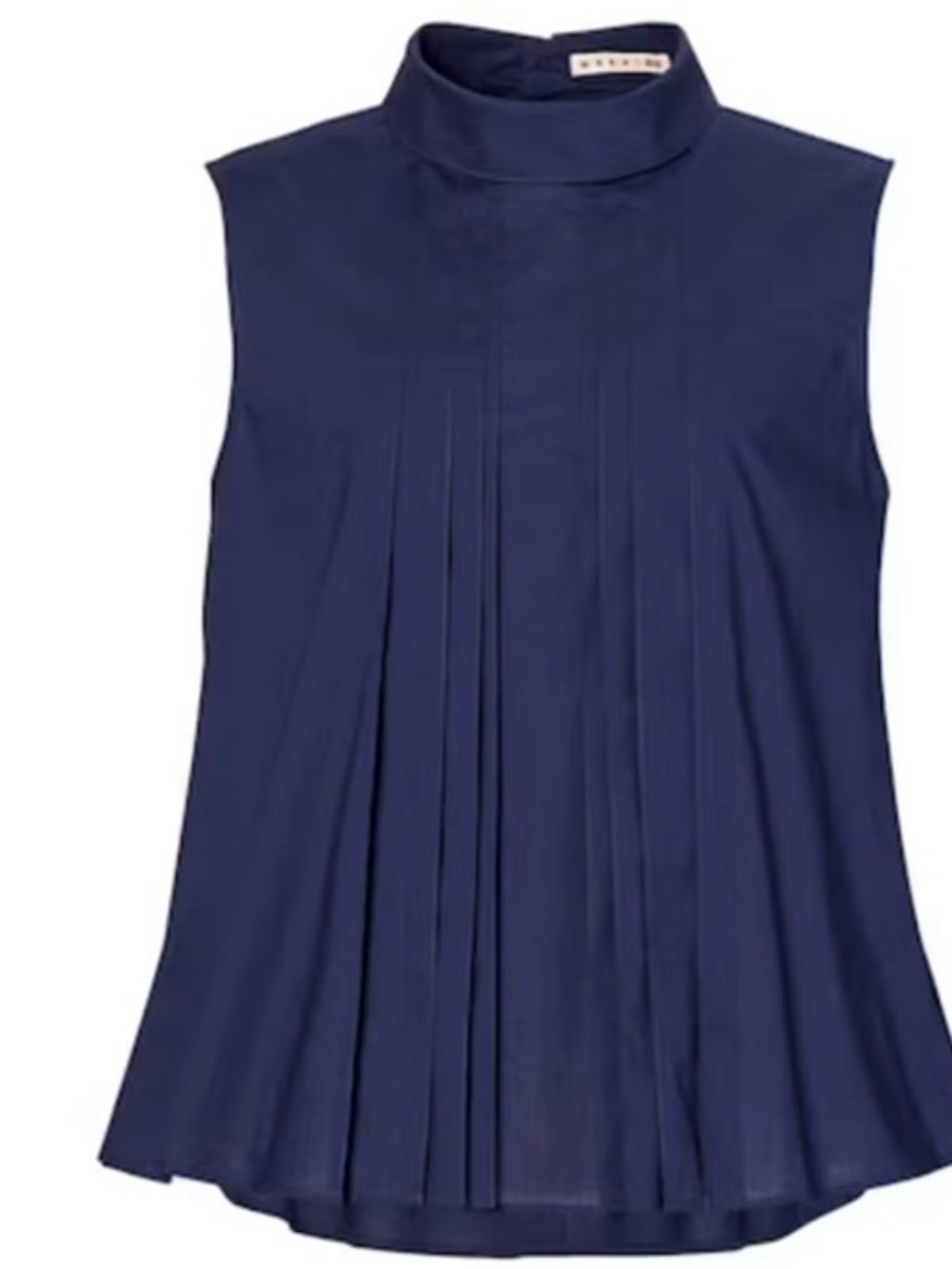 Marni Dark Blue Pleated Sleeveless Mock-Neck Cotton blouse